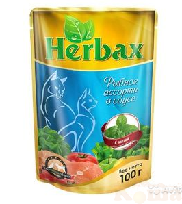 картинка herbax 100 гр. для кошек рыбное ассорти в соусе с мятой от магазина Коша