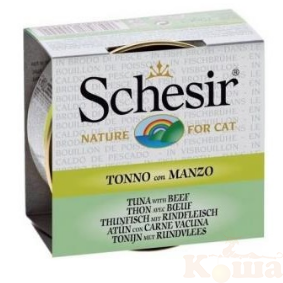 картинка Schesir консервы для кошек 70г, Тунец с Говядиной в БУЛЬОНЕ от магазина Коша