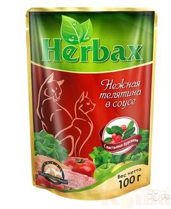 картинка herbax 100 гр. для кошек нежная телятина в соусе с листьями брусники от магазина Коша