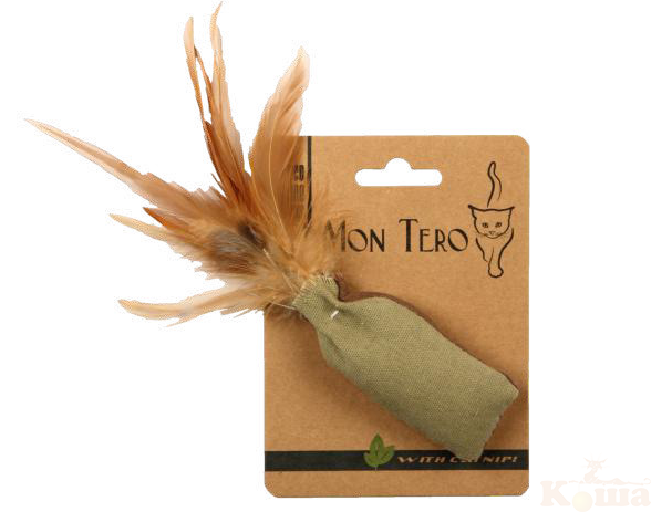 картинка "Mon Tero" ЭКО игрушка "мешочек с перьями" 8х4см.,с кошачьей мятой,зеленый/коричневый,д/кошек от магазина Коша
