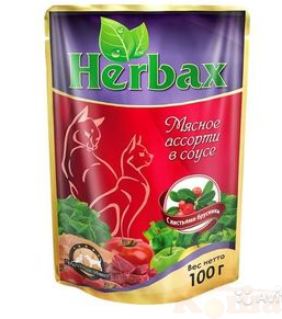 картинка herbax 100 гр. для кошек мясное ассорти в соусе с листьями брусники от магазина Коша